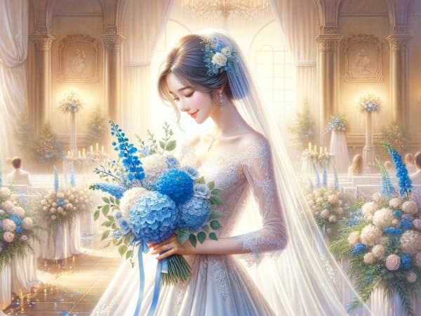 青い花束を持つ花嫁